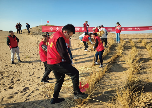 國家林草局青年干部走進沙漠，開展義務植樹 活動，與“改革先鋒”“人民楷?！薄叭珖紊秤⑿邸?王有德進行現(xiàn)場交流。