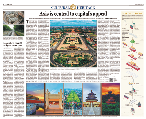 2024年8月1日，“北京中軸線—中國理想都城秩序的杰作”申遺成功后，中國日 報推出專題跨版報道。